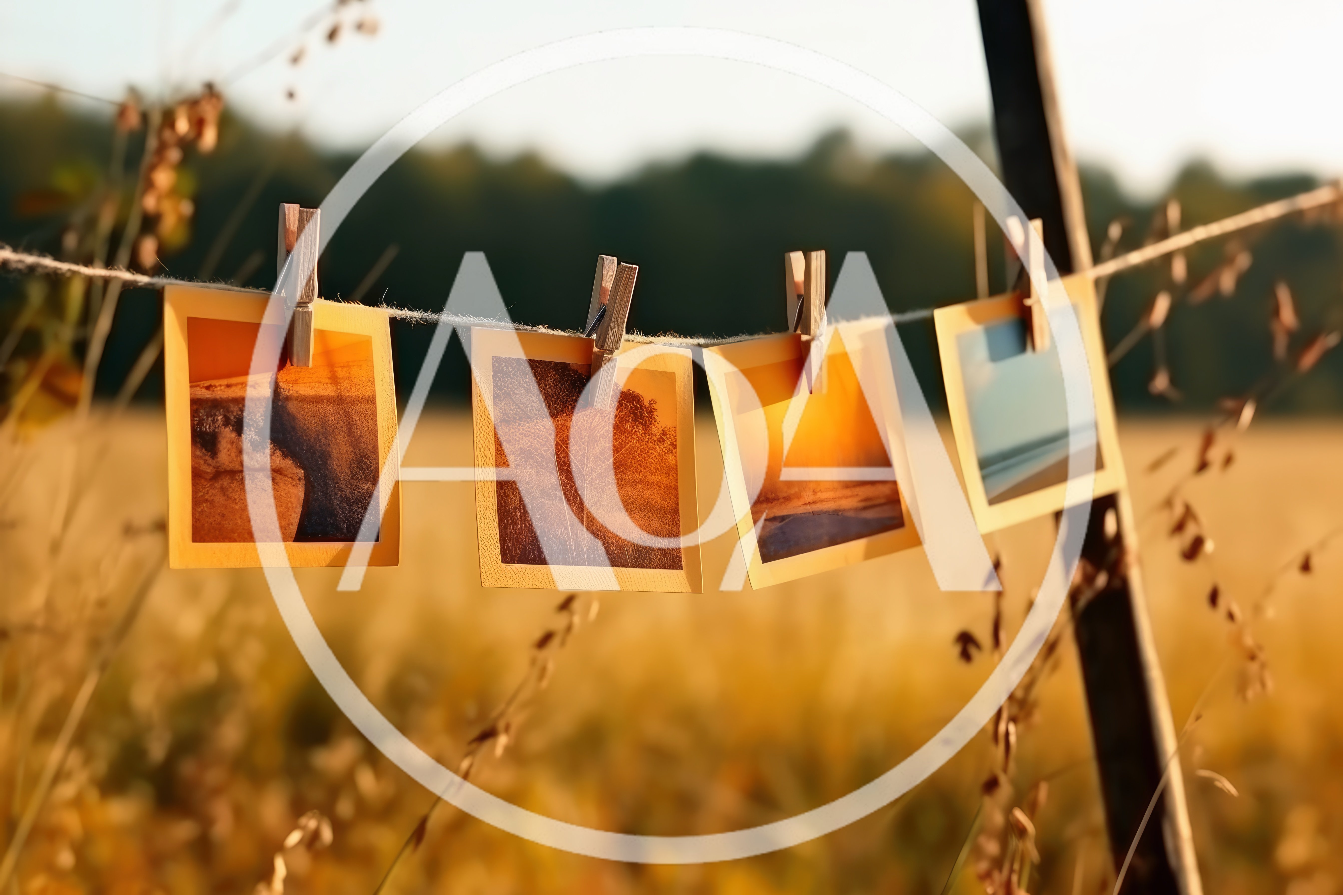 Four Polaroid Photos Hanging On A Clothesline In Nature