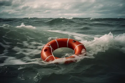 Orange Lifebuoy Floating in Rough Stormy Ocean Waves