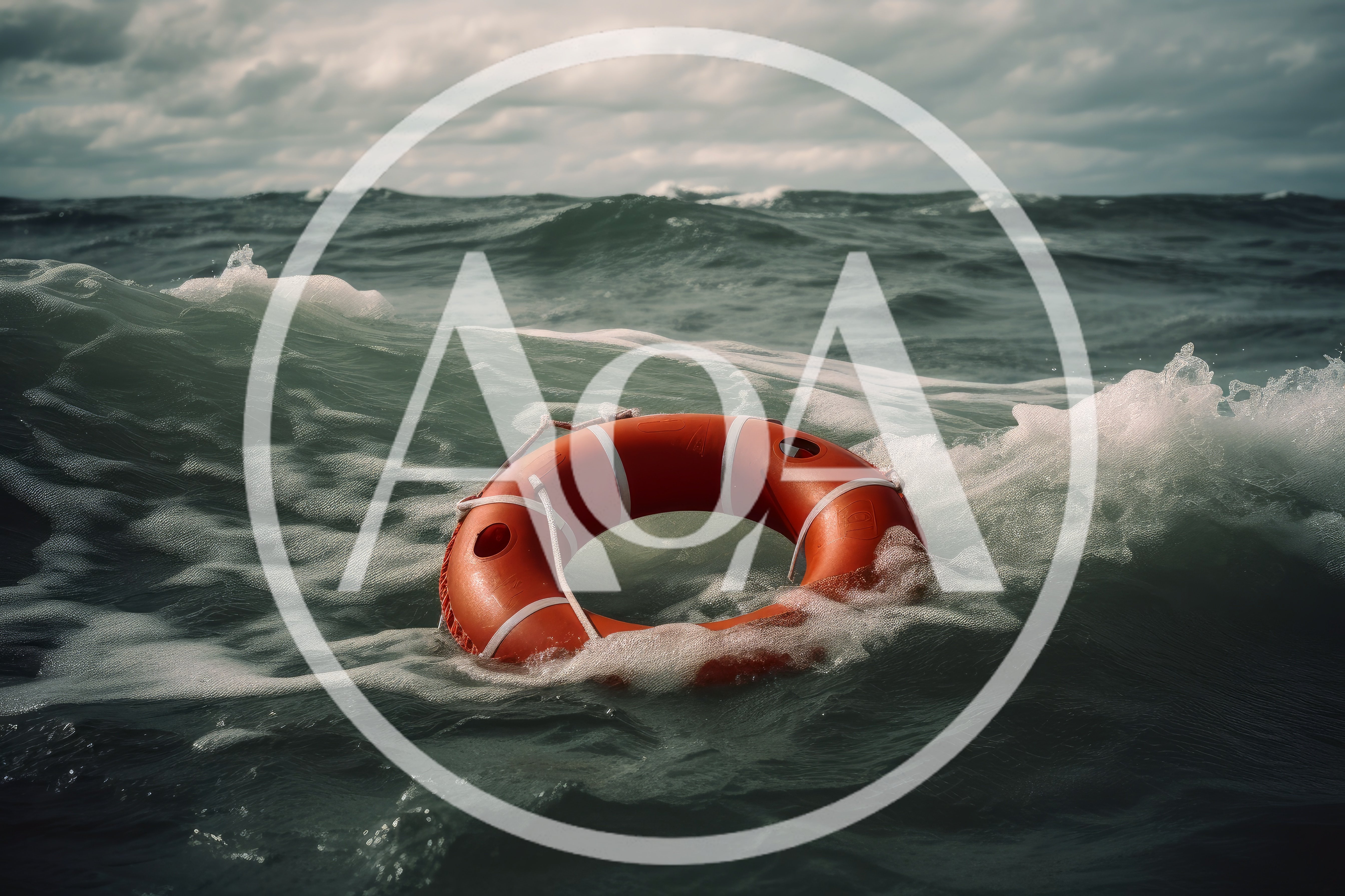 Orange Lifebuoy Floating in Rough Stormy Ocean Waves