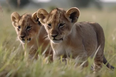 Two Lion Cubs Walking Through Tall Grass