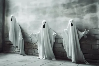 Three Ghost Costumes Standing Against A Brick Wall