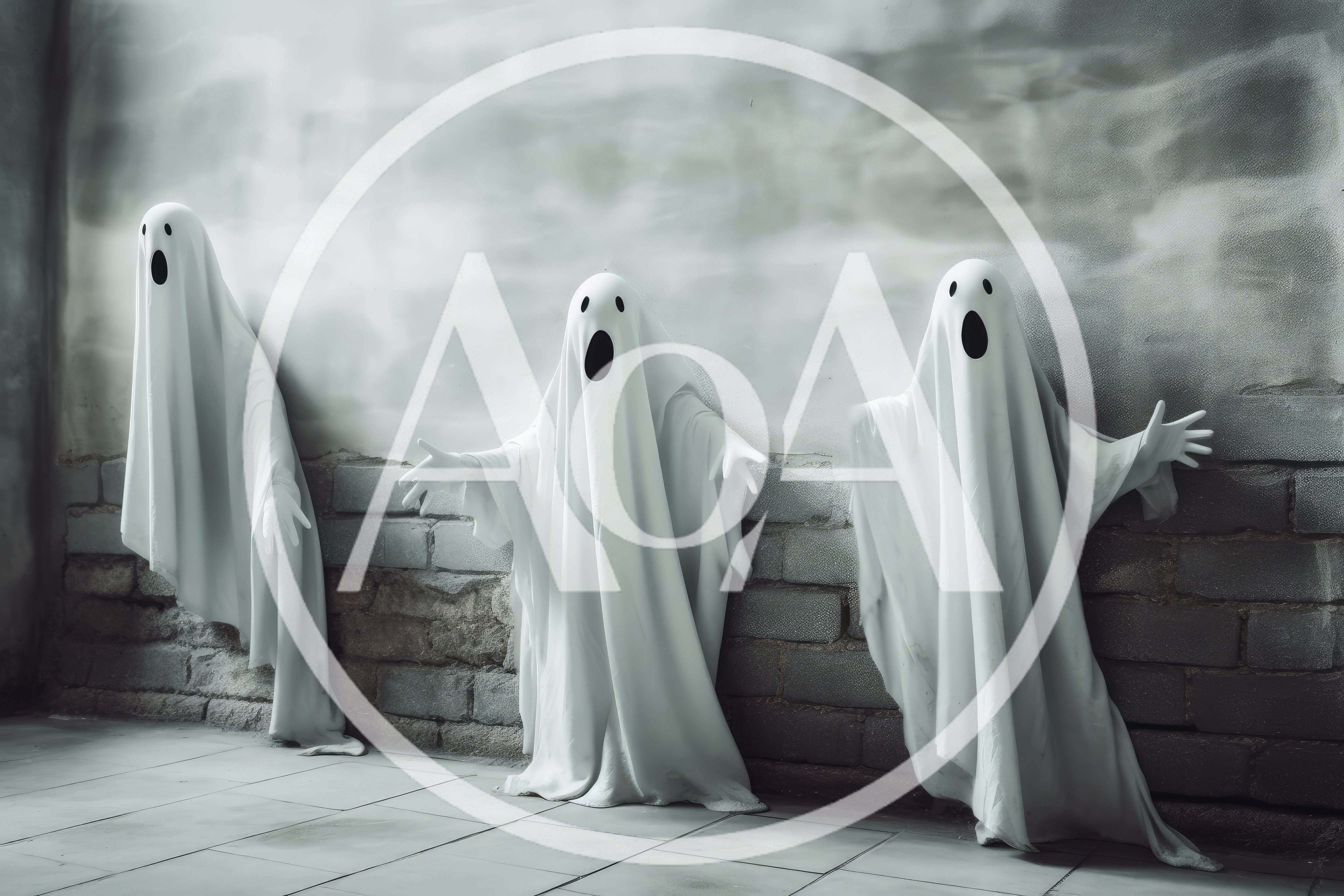 Three Ghost Costumes Standing Against A Brick Wall