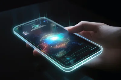 Hand Holding Futuristic Smartphone With Holographic Interface