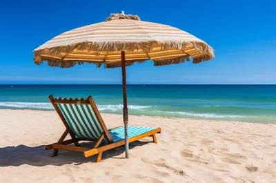 Striped Beach Chair Under A Fringed Umbrella