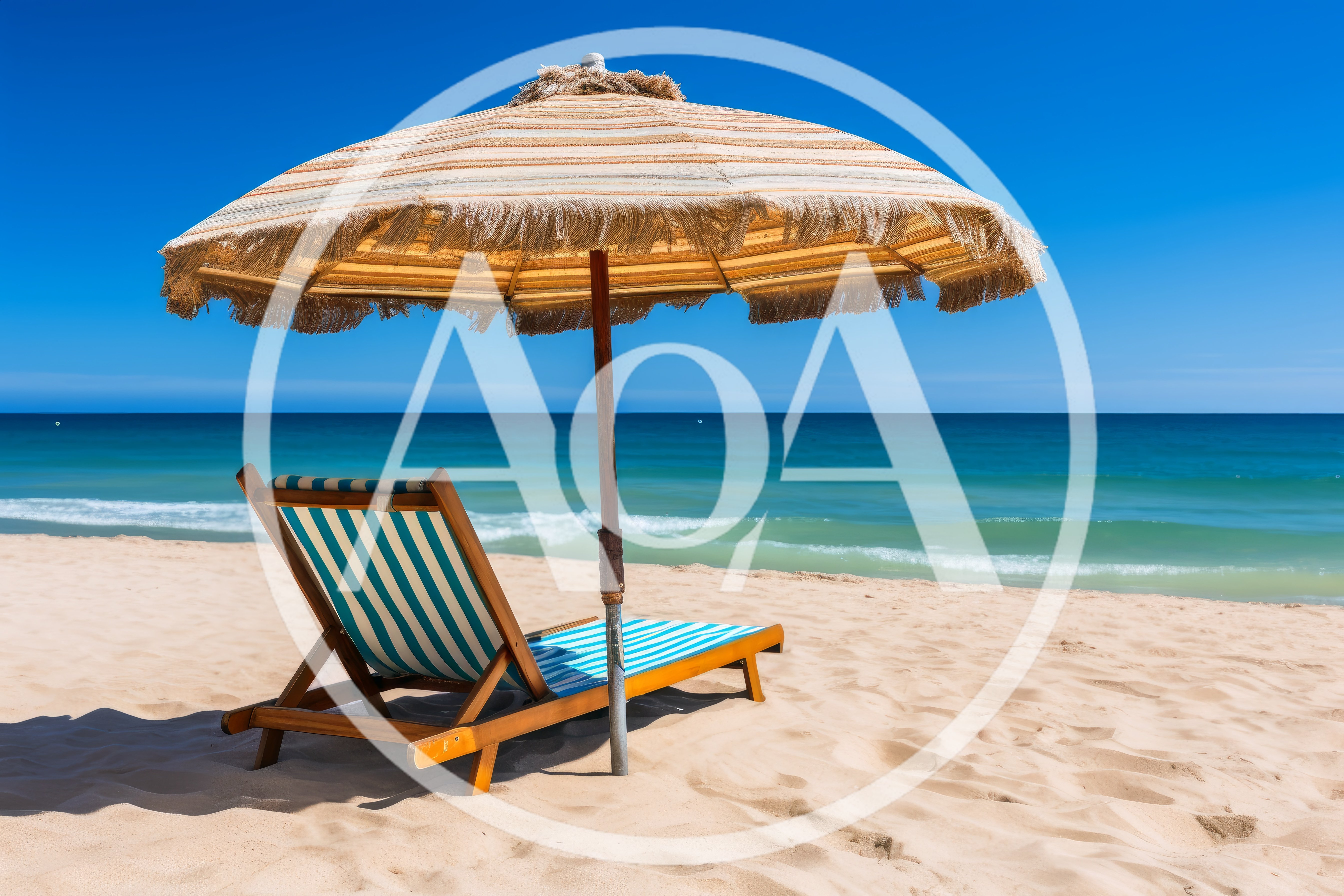 Striped Beach Chair Under A Fringed Umbrella