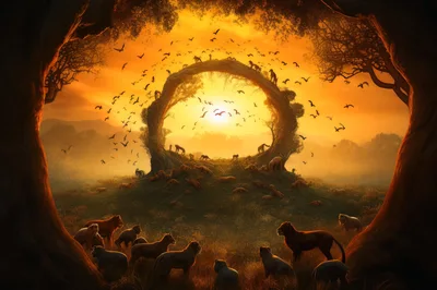 Lions Gathering Before A Mystical Golden Sun Portal