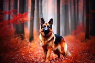 German Shepherd Standing In A Vibrant Autumn Forest