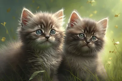 Two Fluffy Brown Kittens Sitting In A Grassy Meadow