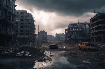 Post-Apocalyptic Ruined City Street With Abandoned Vehicles
