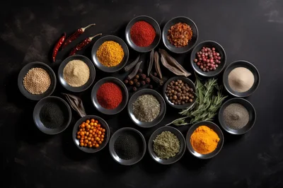 Assorted Spices and Herbs in Small Bowls