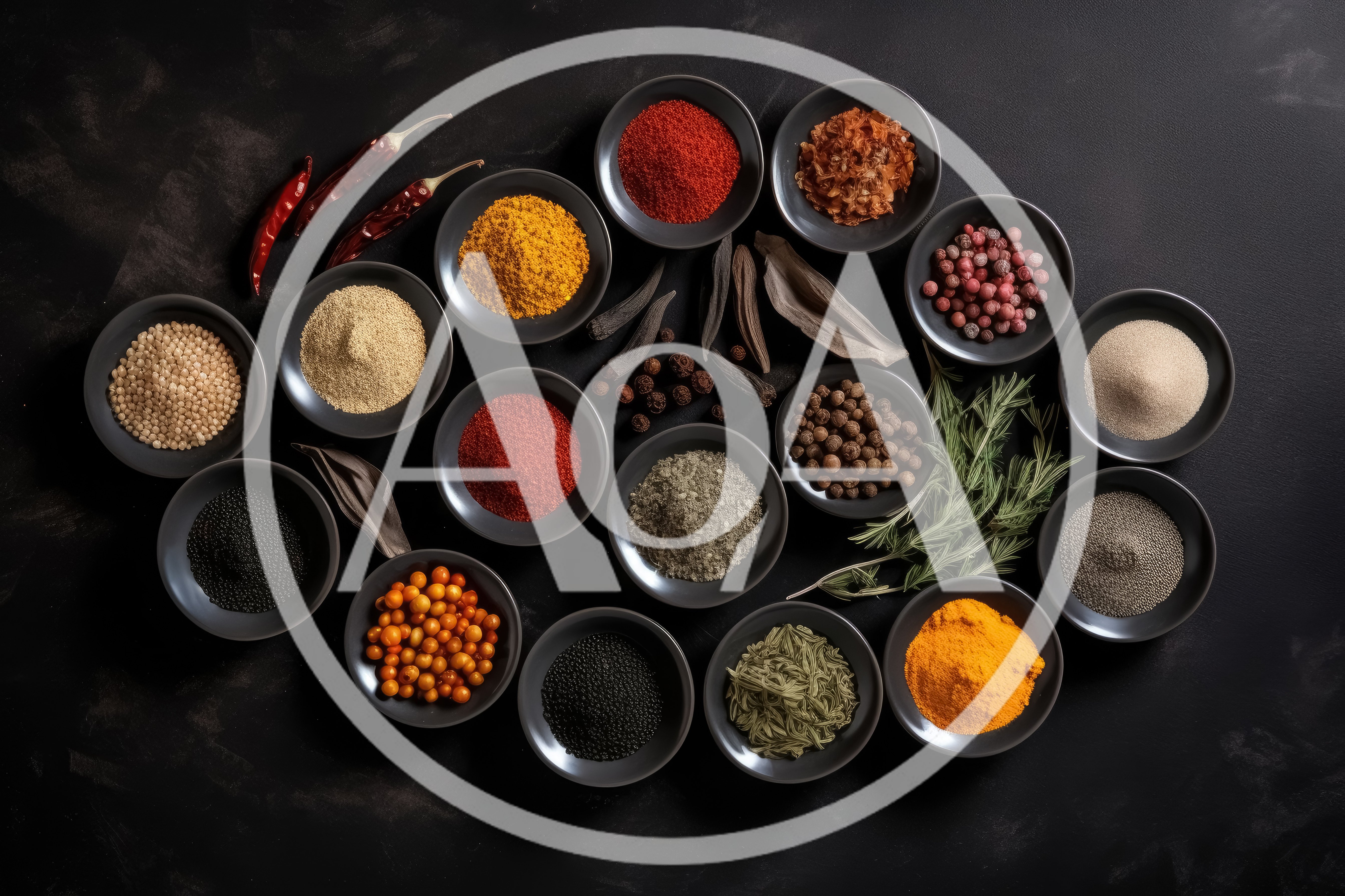 Assorted Spices and Herbs in Small Bowls