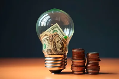 Light Bulb Filled With US Dollar Bills And Coin Stacks