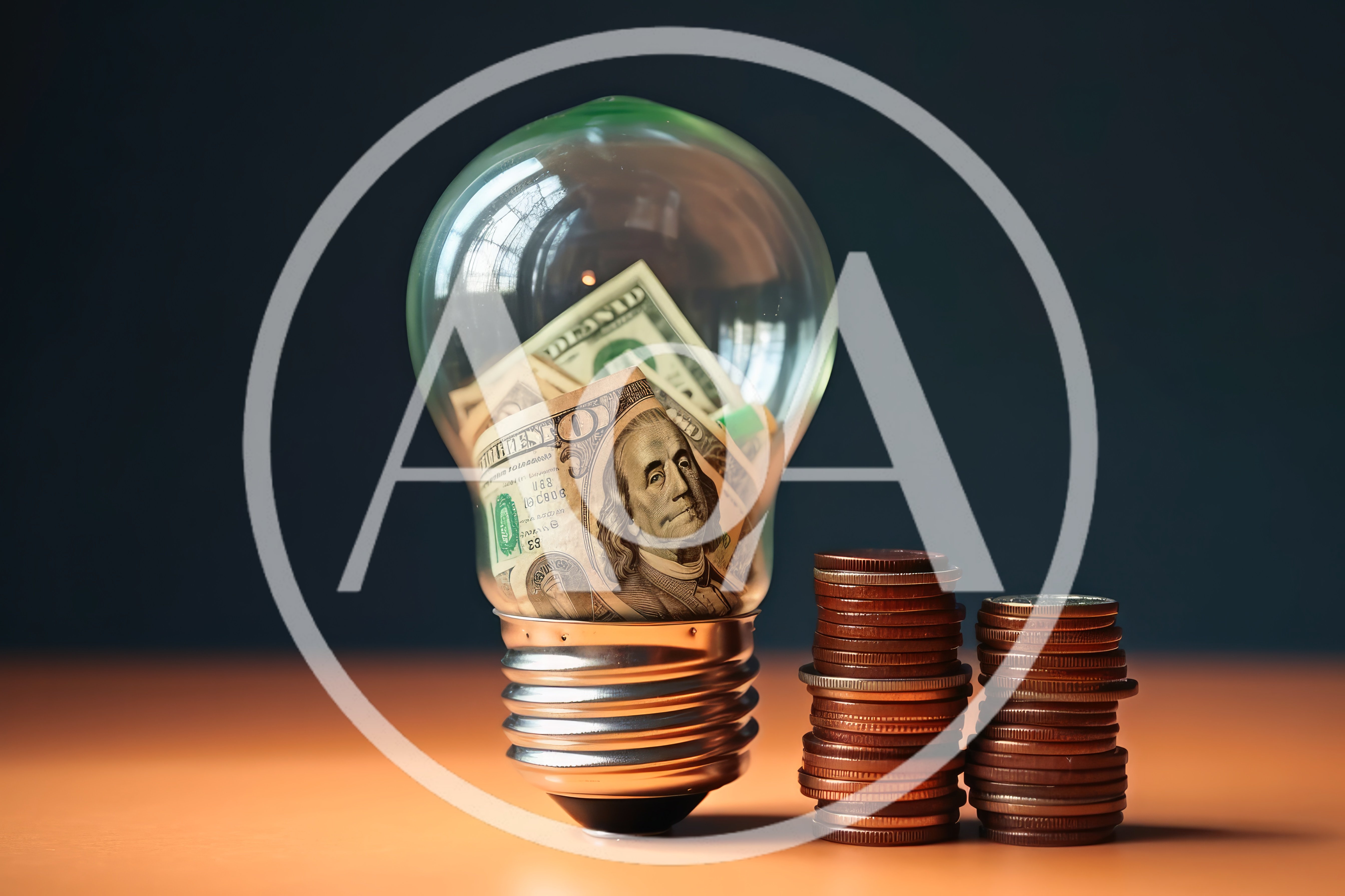 Light Bulb Filled With US Dollar Bills And Coin Stacks
