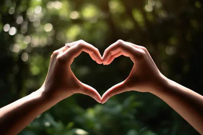 Hands Forming A Heart Shape Against Blurred Greenery