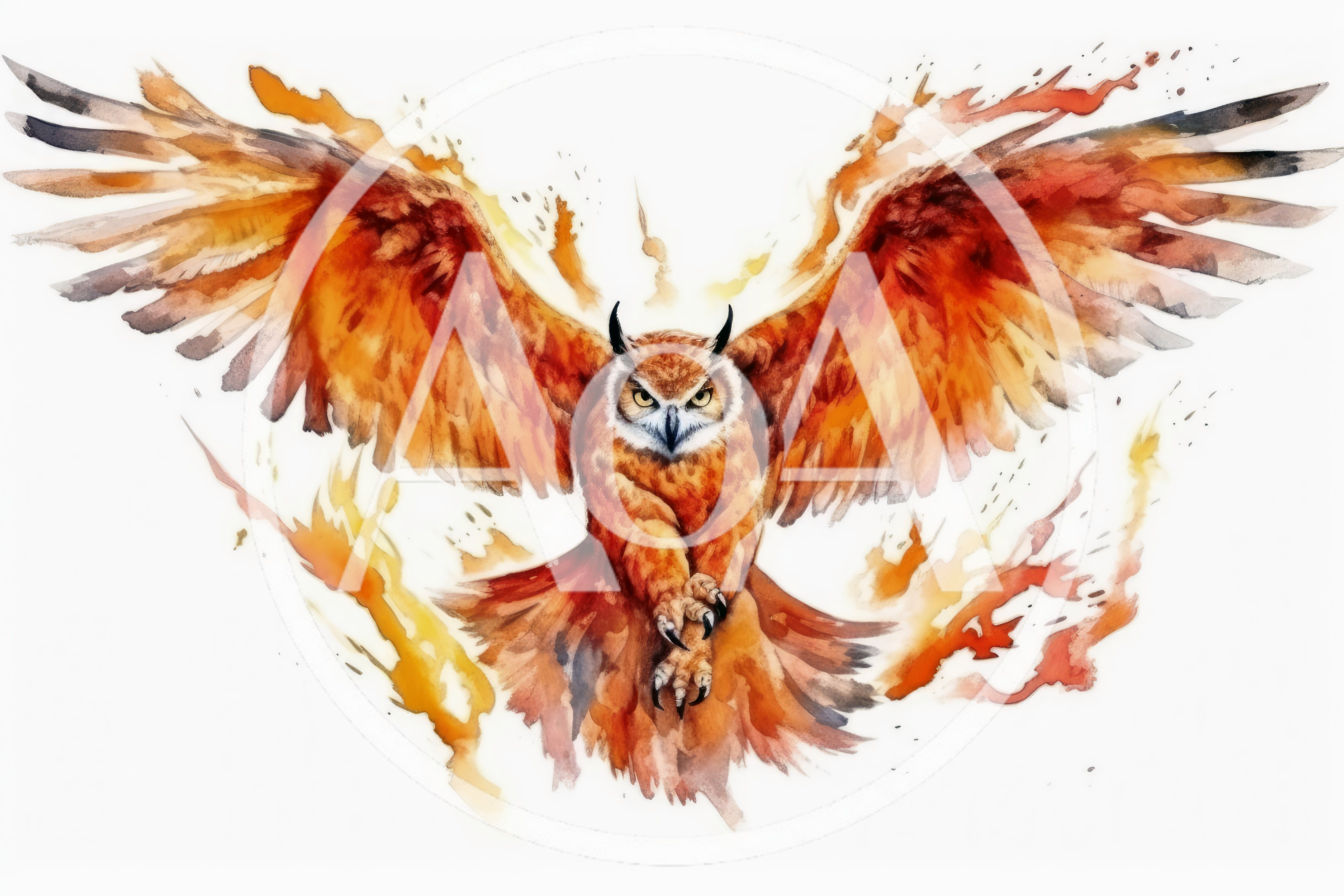 Watercolor Illustration Of A Fiery Owl In Flight
