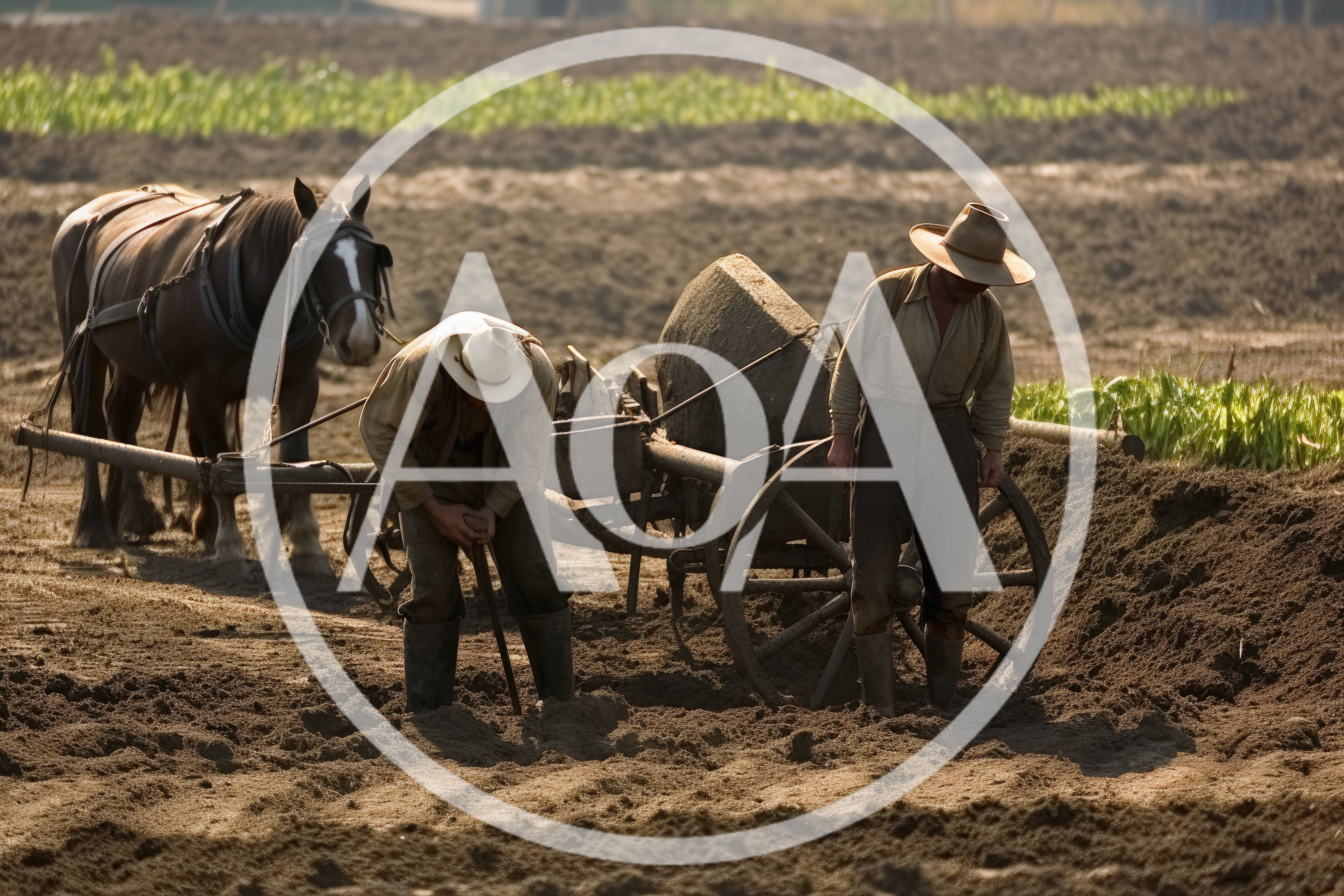Farmers Plowing Field With Horse Drawn Cart