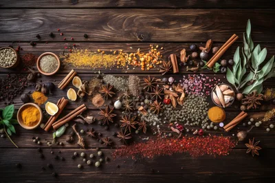 Assorted Spices and Herbs on Dark Wooden Table
