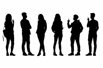 Silhouettes Of Diverse Young People Standing And Pointing