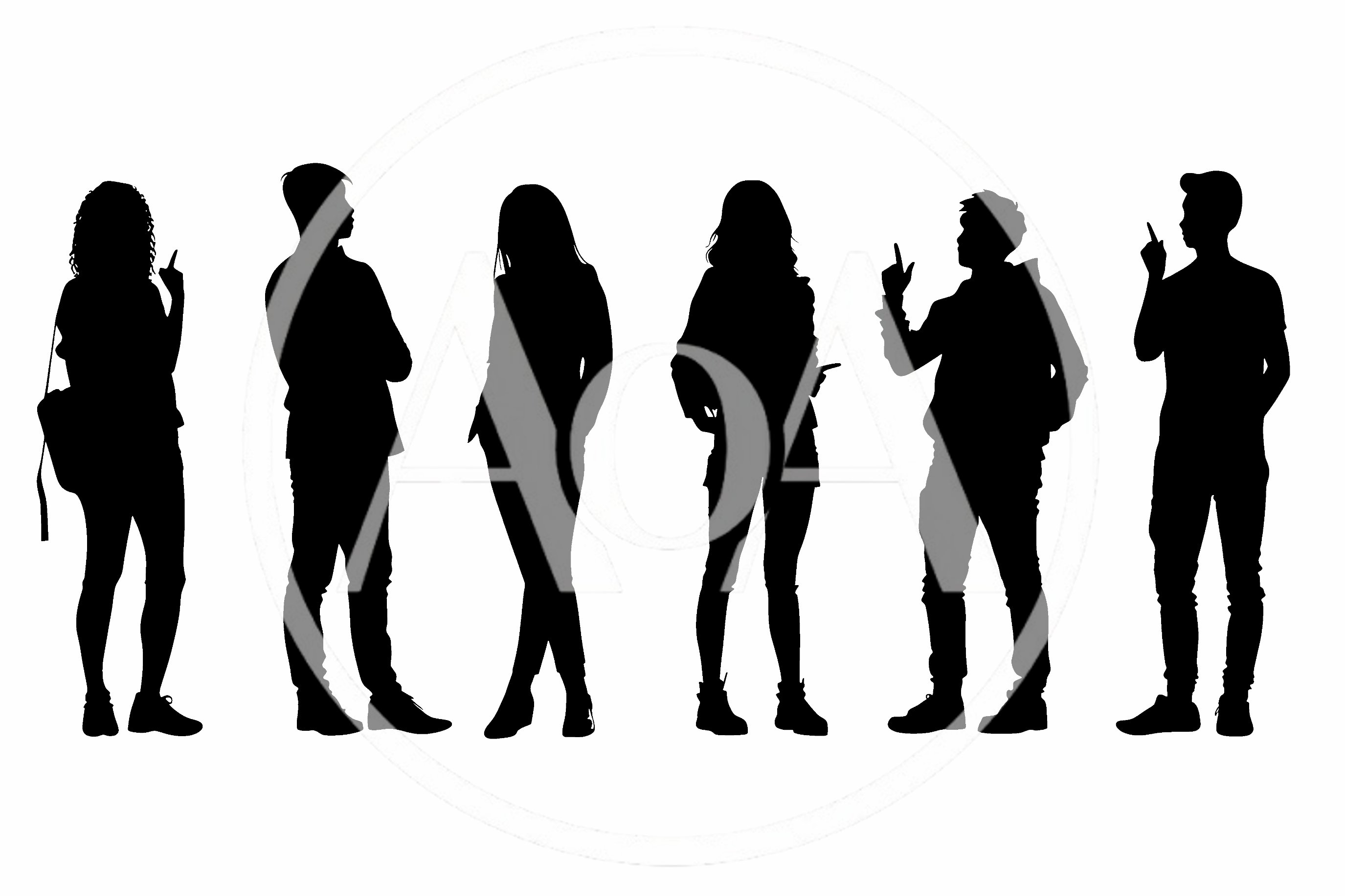 Silhouettes Of Diverse Young People Standing And Pointing