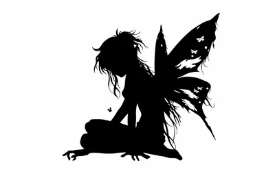 Black Silhouette Of A Sitting Fairy With Wings