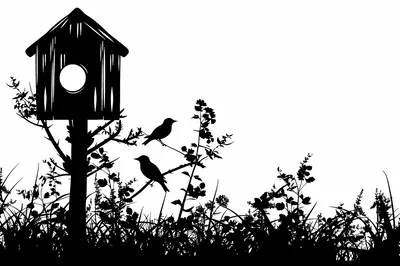 Silhouette Of A Birdhouse With Birds In A Garden