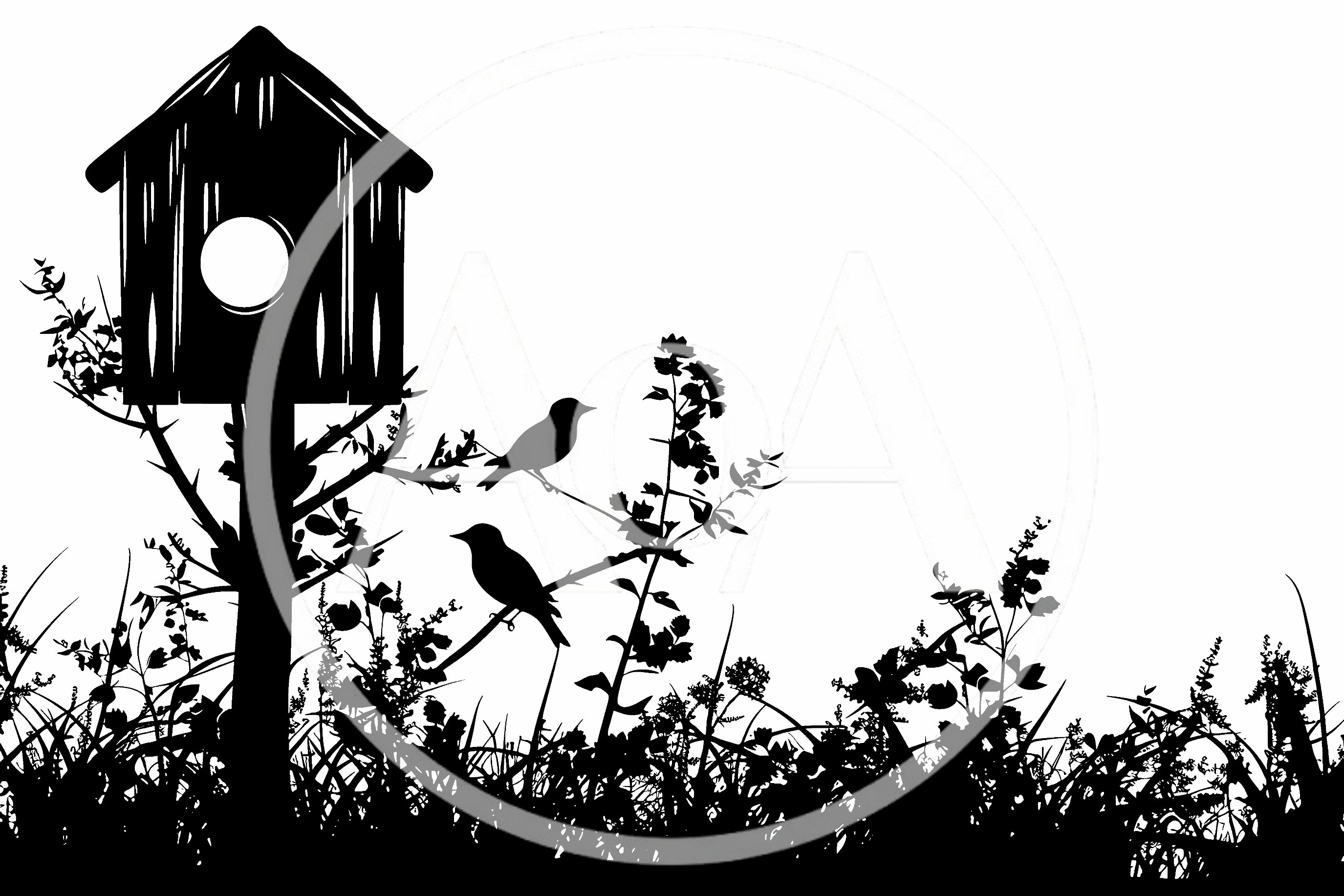 Silhouette Of A Birdhouse With Birds In A Garden