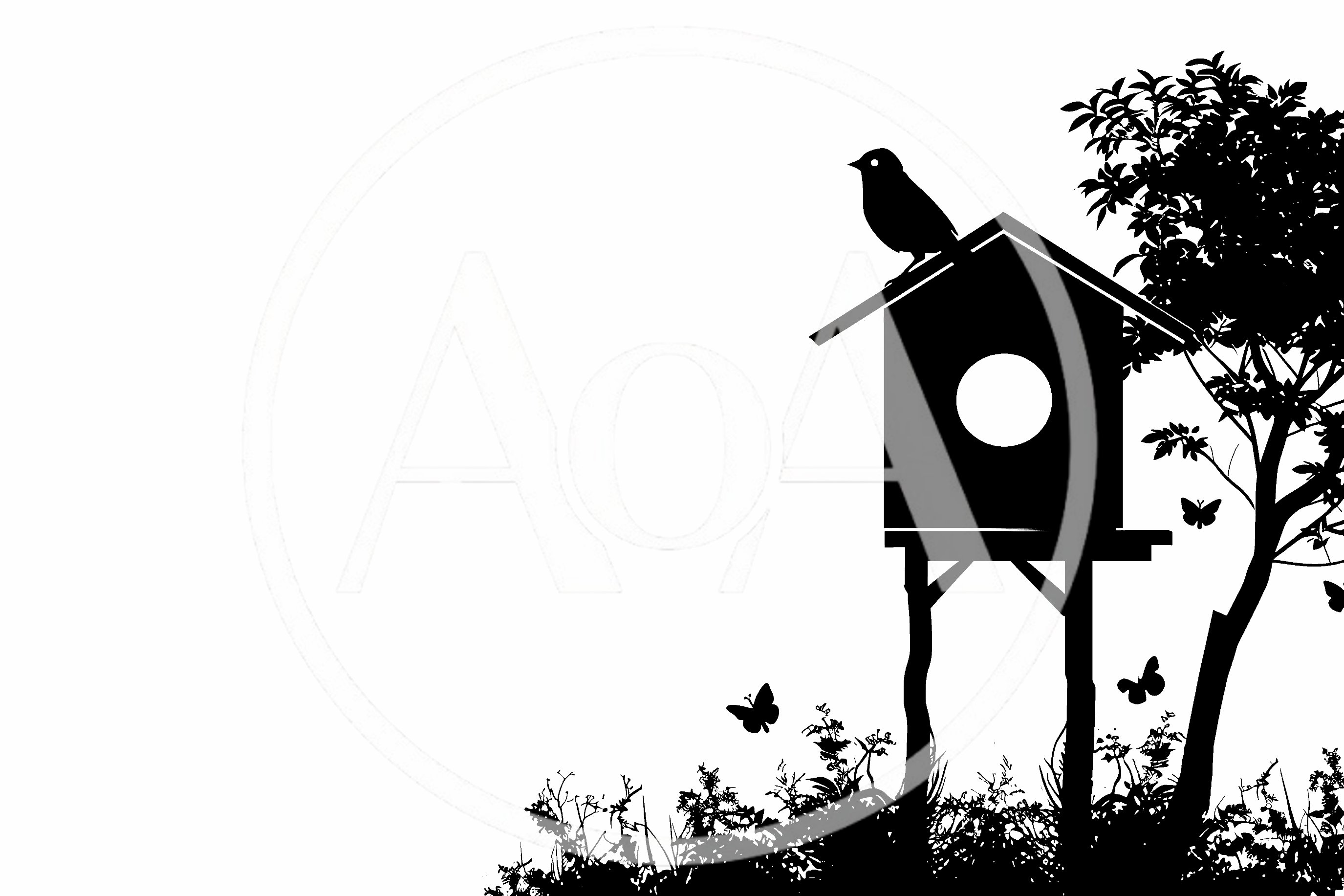 Birdhouse Silhouette With Bird And Butterflies