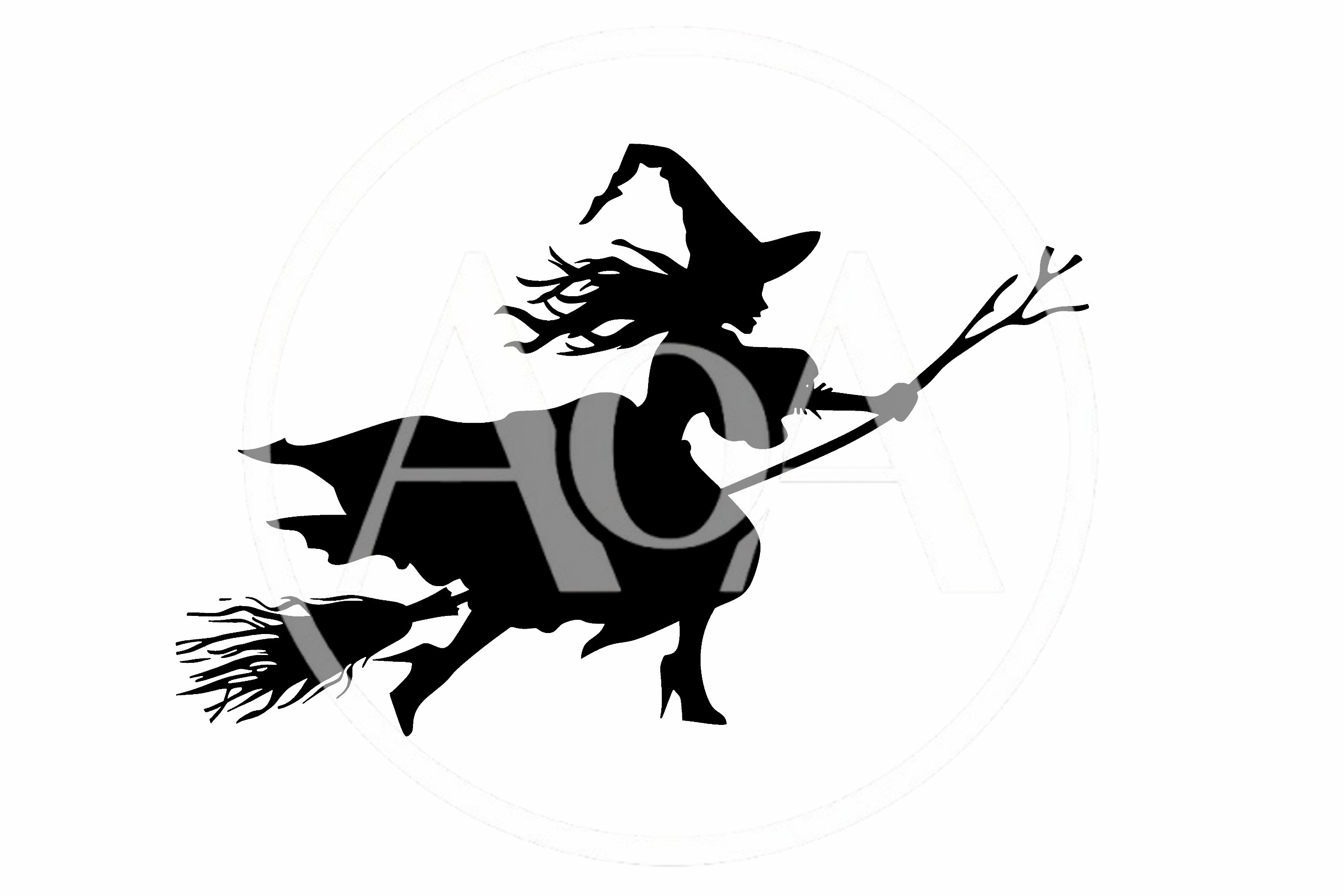 Black Silhouette Of A Witch Flying On A Broomstick