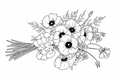 Hand Drawn Bouquet Of Poppies And Wildflowers
