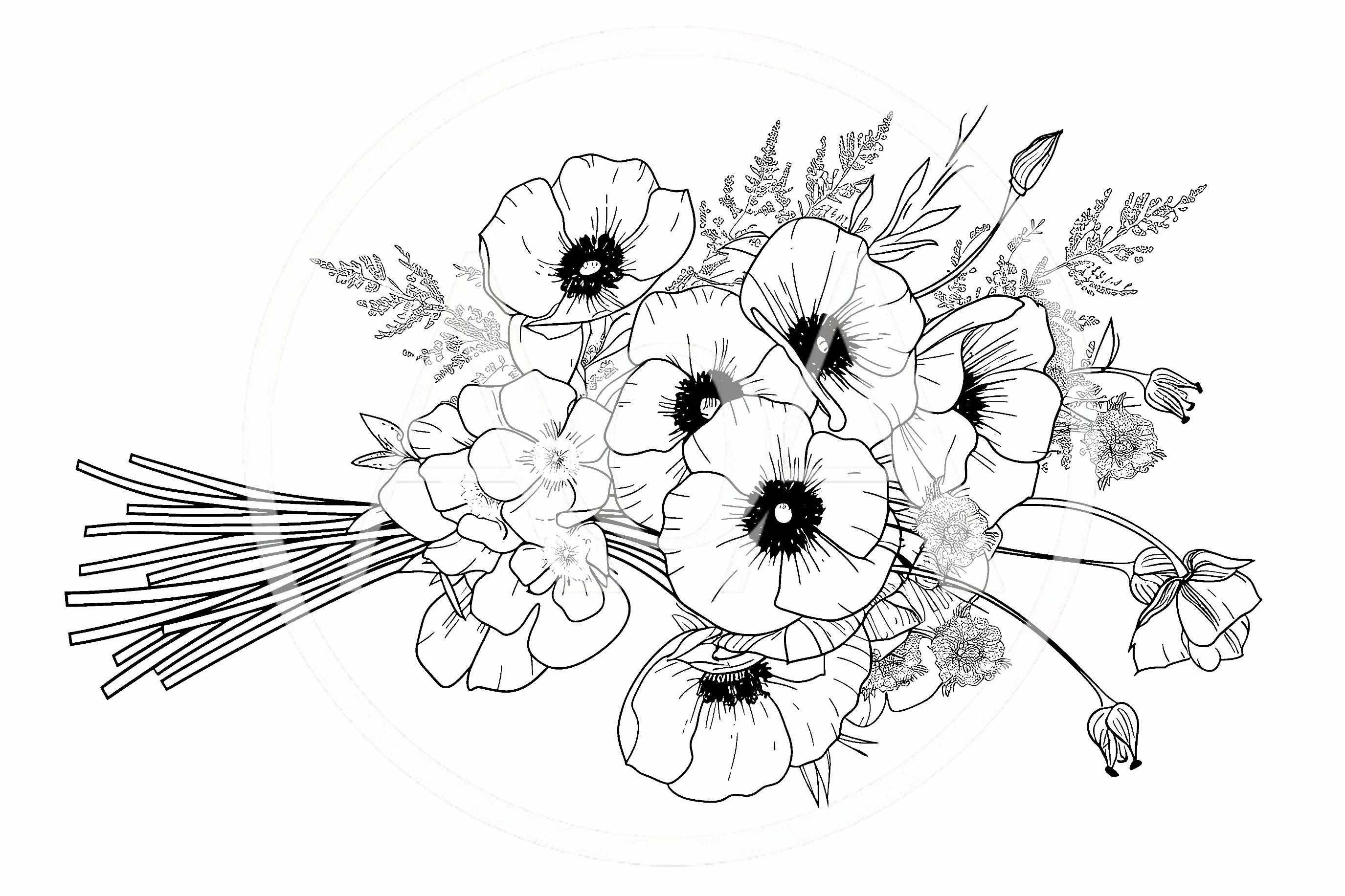 Hand Drawn Bouquet Of Poppies And Wildflowers