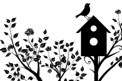 Black and White Silhouette of Birdhouse and Foliage