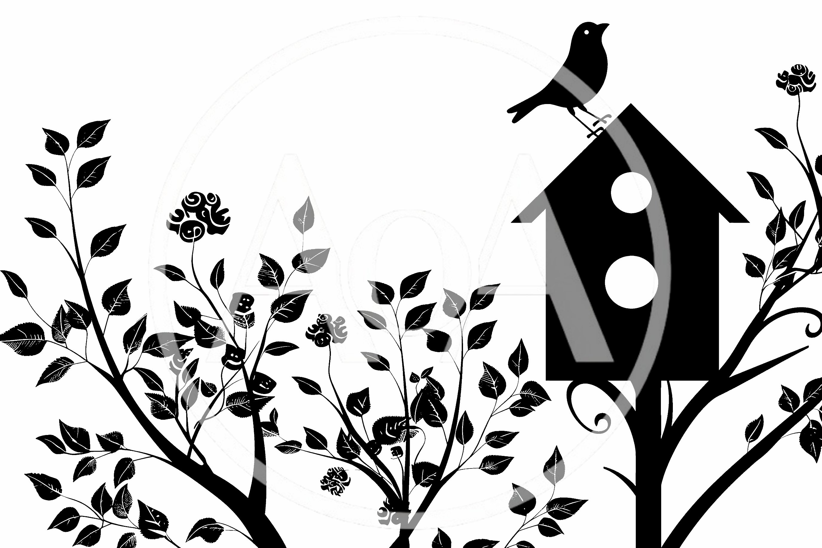 Black and White Silhouette of Birdhouse and Foliage
