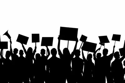 Silhouette Crowd Of Protesters Holding Signs And Megaphone