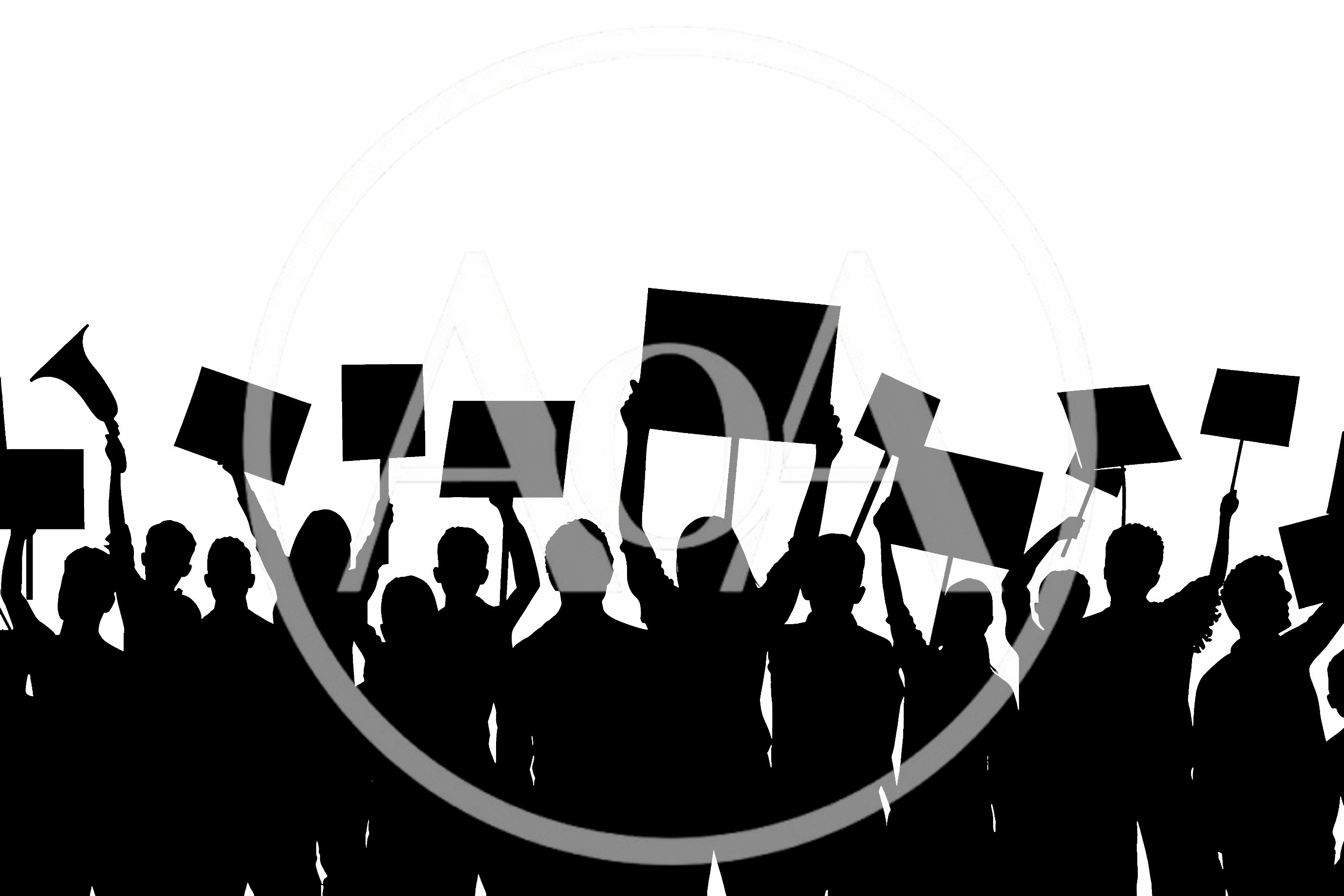 Silhouette Crowd Of Protesters Holding Signs And Megaphone