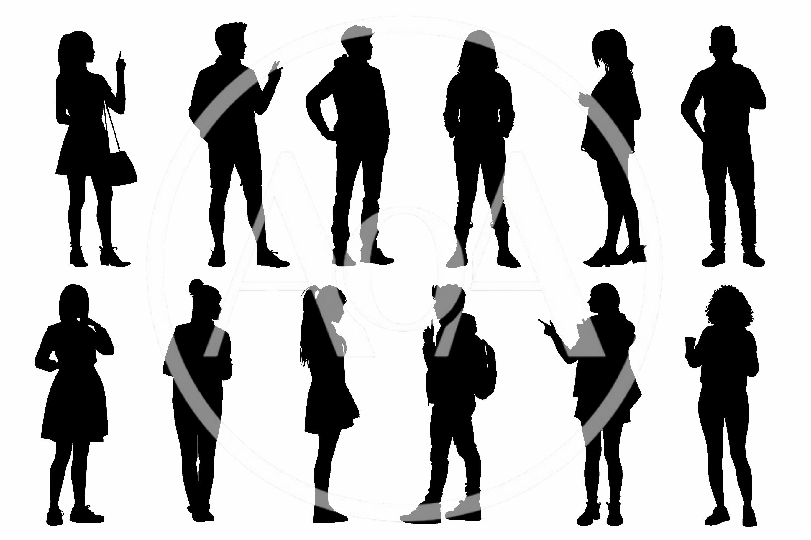 Set Of Twelve Human Silhouettes In Various Poses