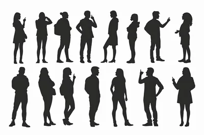 Set Of Diverse People Silhouettes Standing And Gesturing