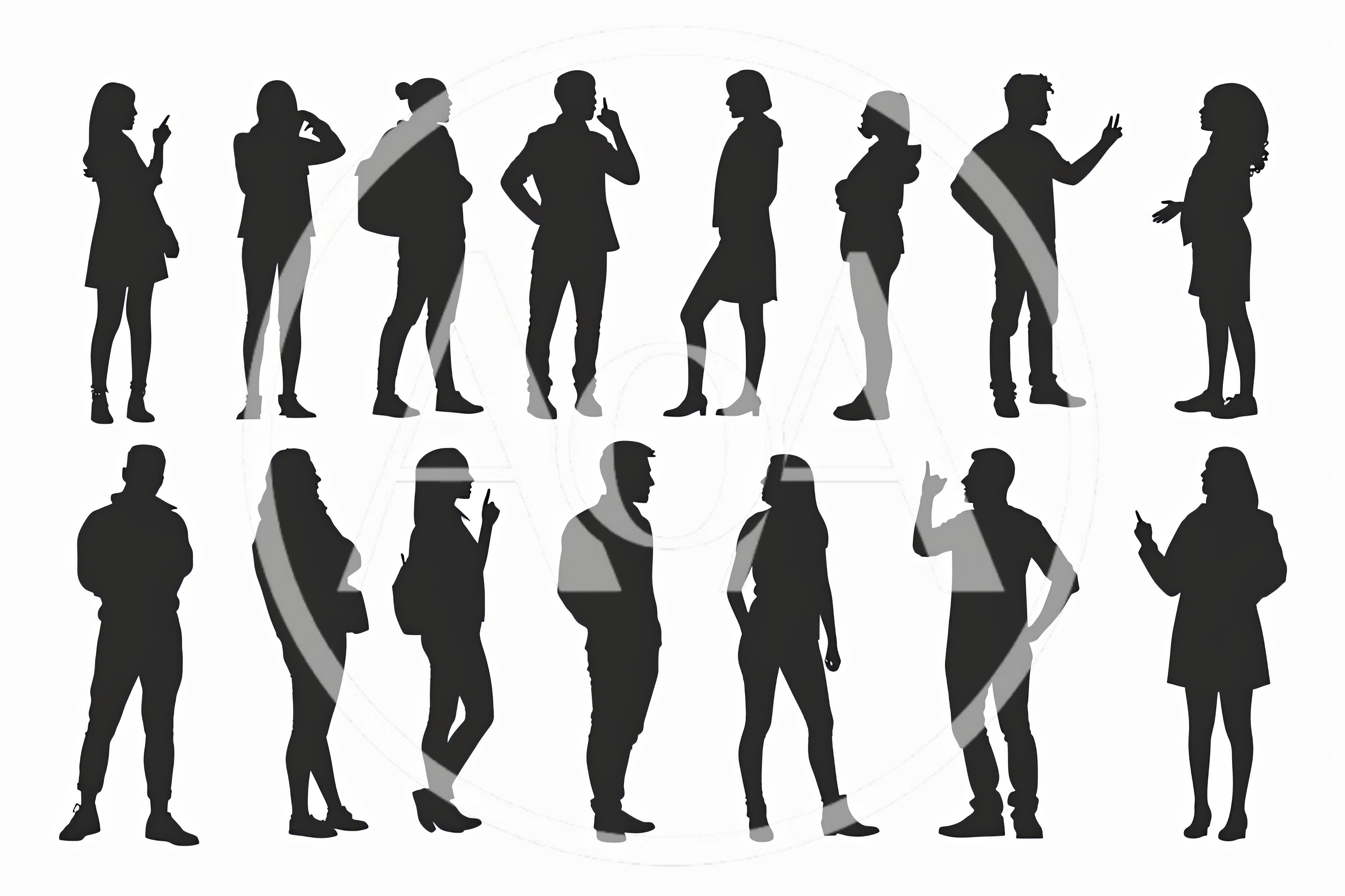 Set Of Diverse People Silhouettes Standing And Gesturing