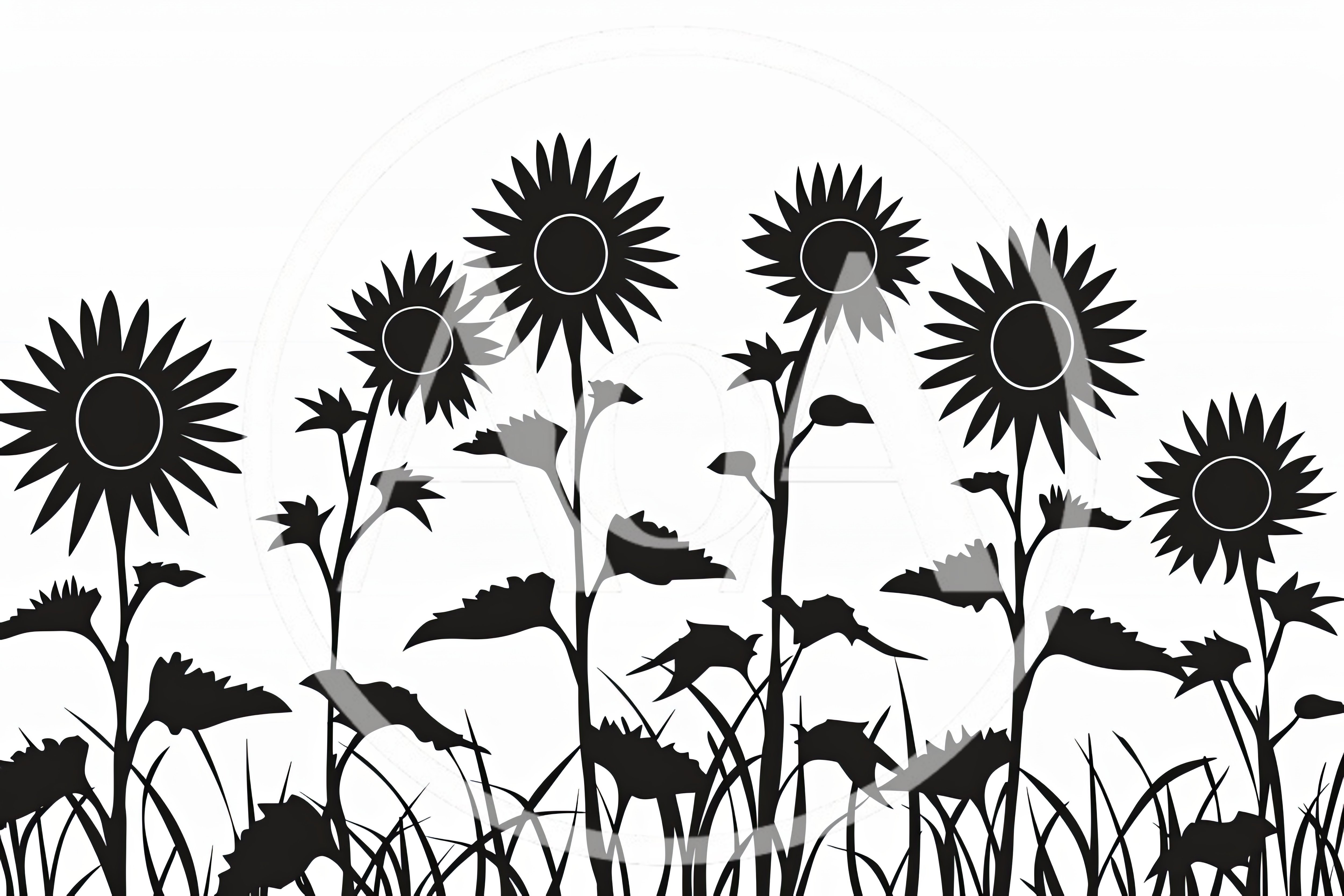 Black Silhouette Sunflower Field Illustration