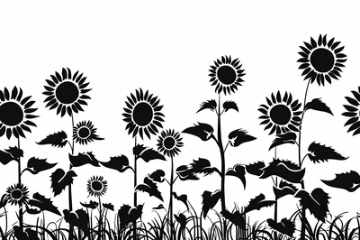 Black And White Sunflower Field Silhouette Illustration