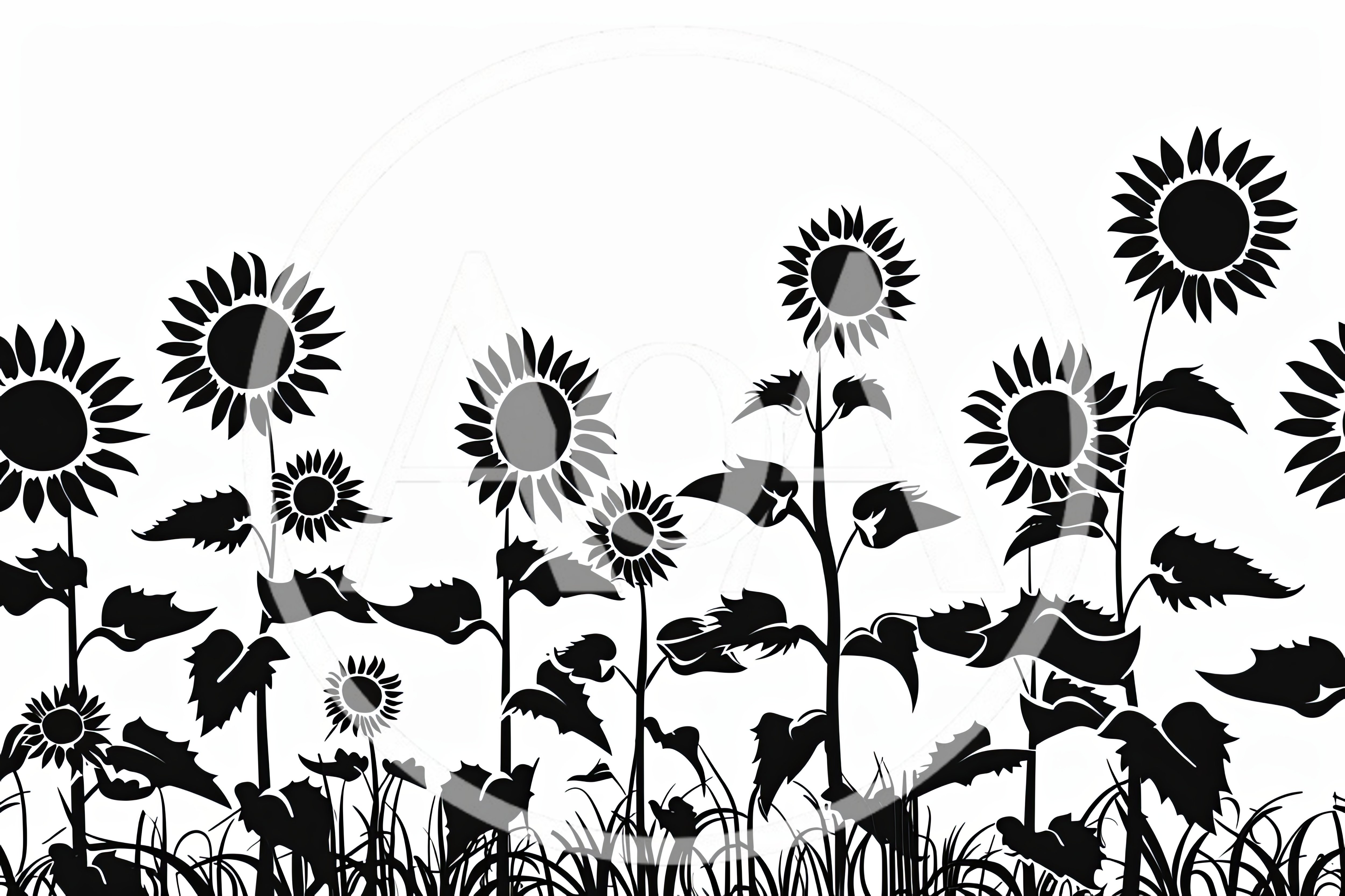 Black And White Sunflower Field Silhouette Illustration
