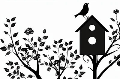 Black And White Silhouette Of Birdhouse And Foliage