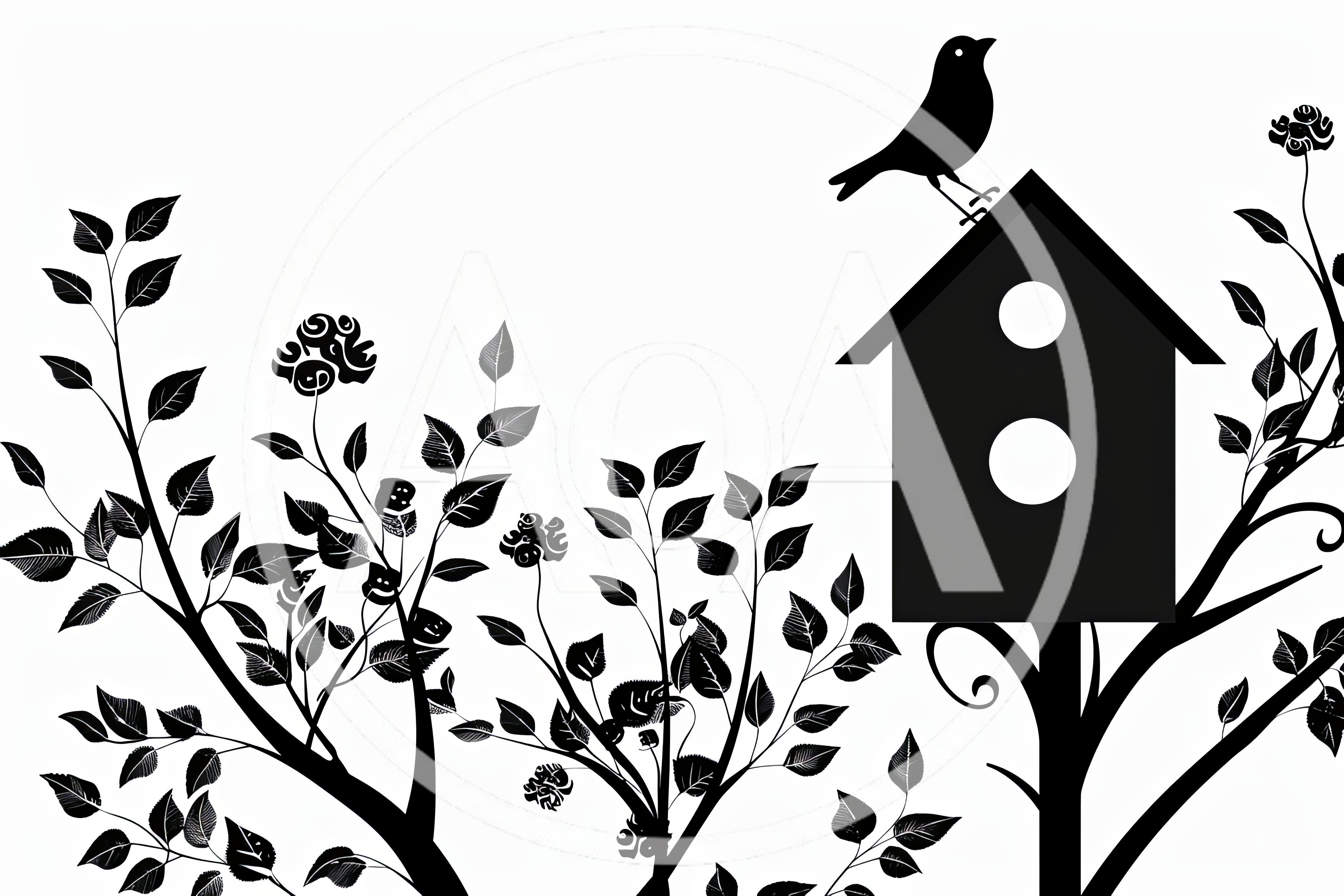 Black And White Silhouette Of Birdhouse And Foliage