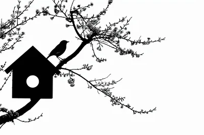 Silhouette of a Bird Perched on a Birdhouse