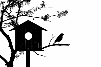 Silhouette of a Bird Perched Near a Wooden Birdhouse