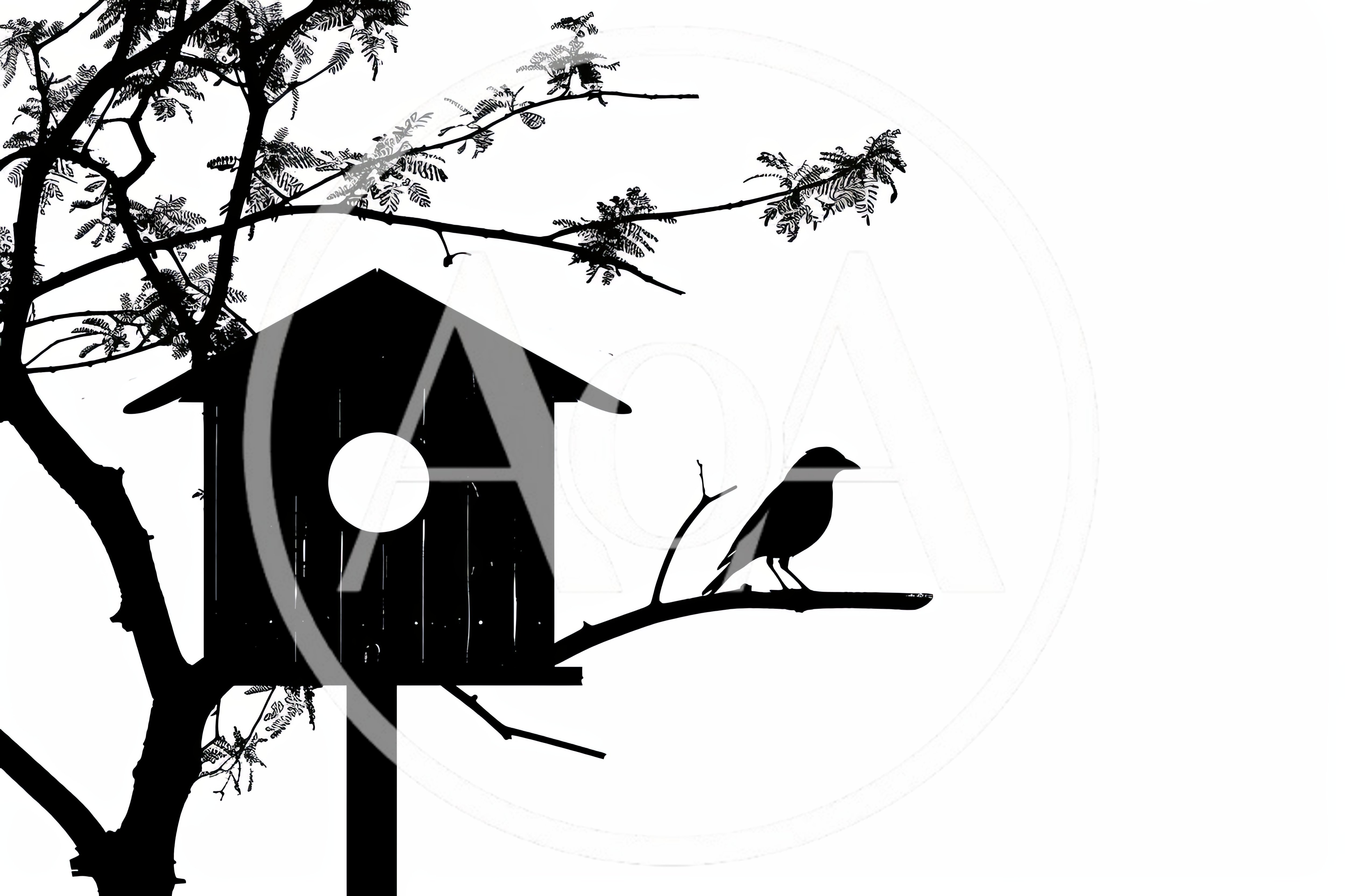 Silhouette of a Bird Perched Near a Wooden Birdhouse