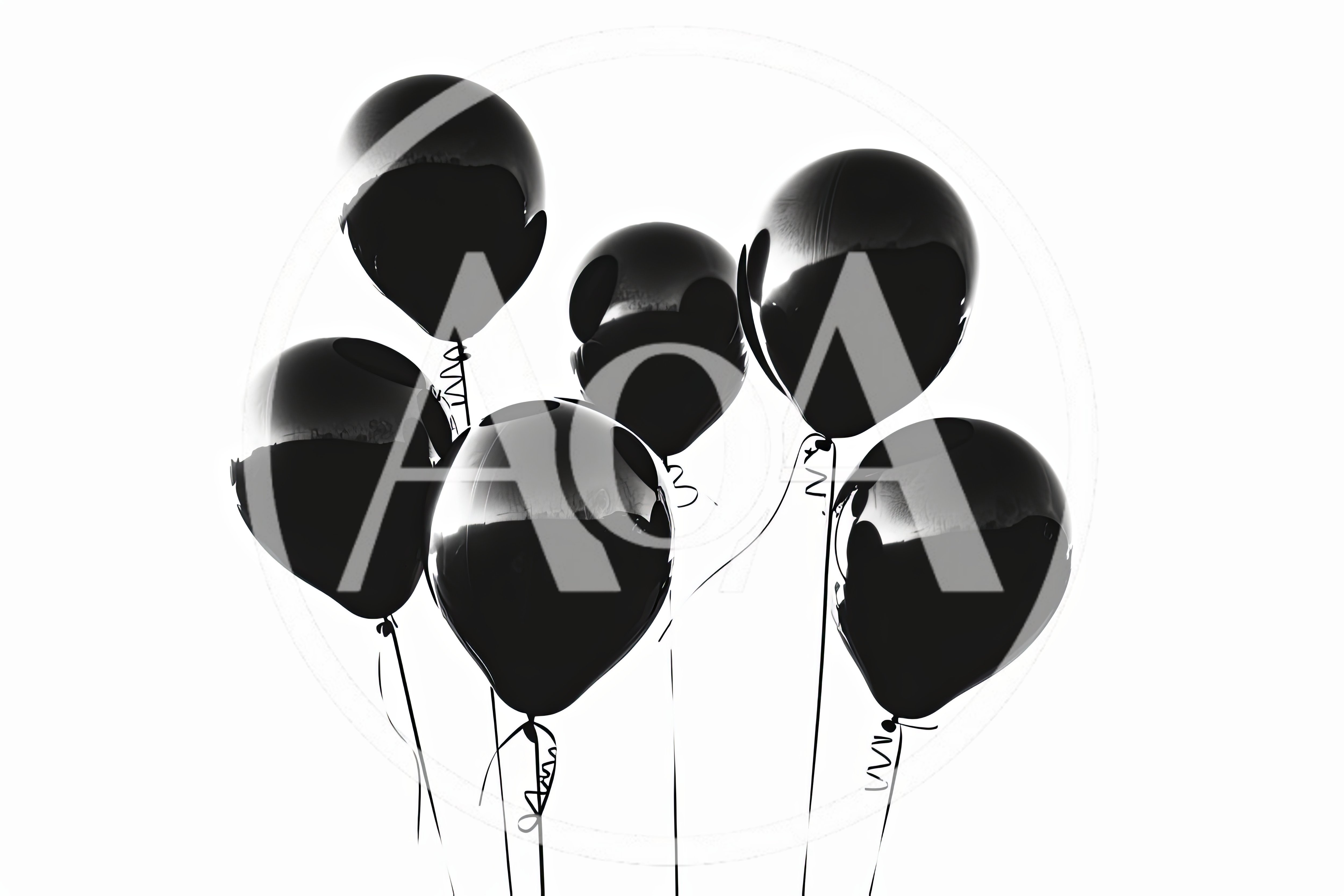 Group Of Shiny Black Balloons Floating Against White Background