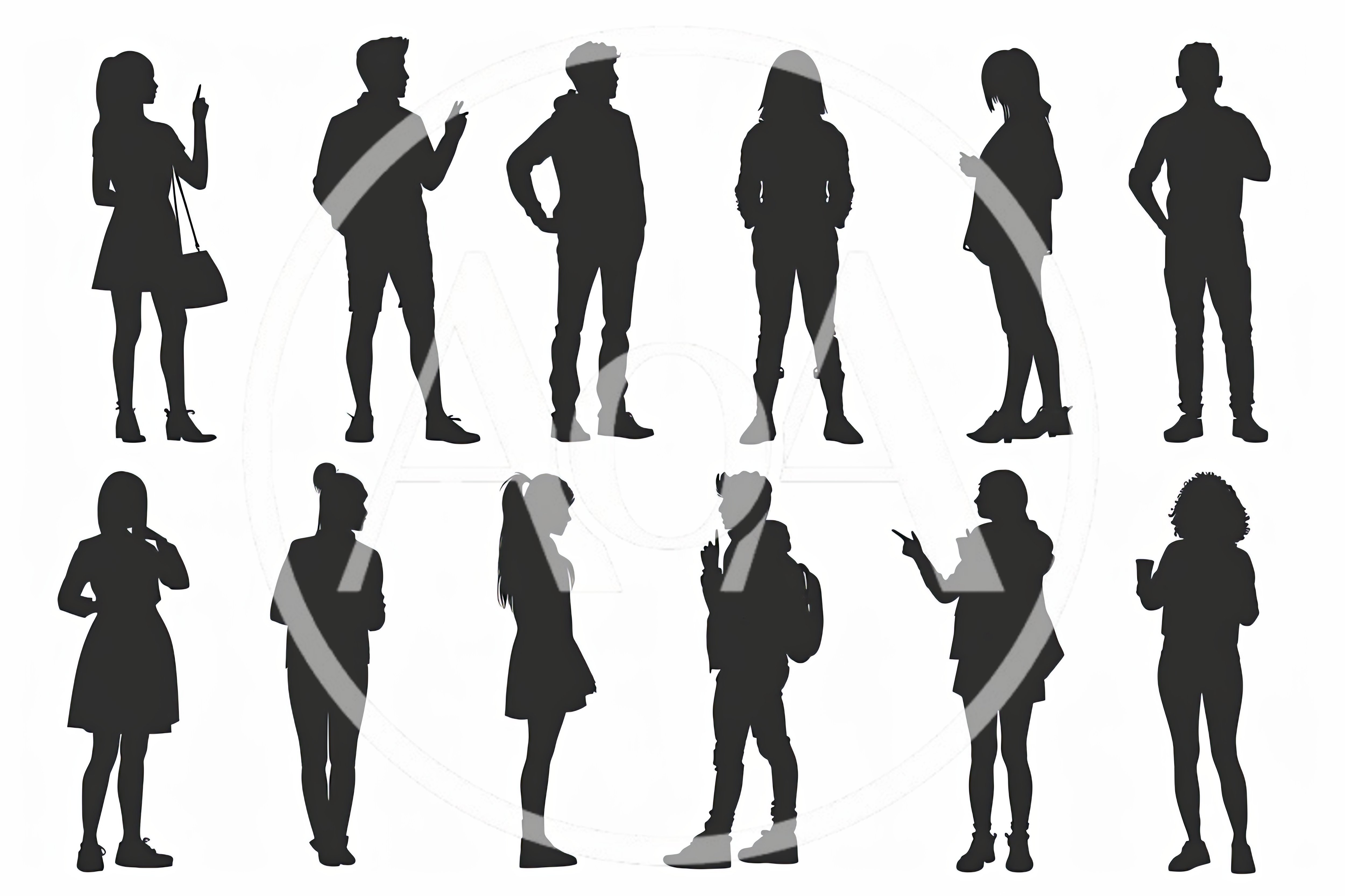Set Of Twelve Standing People Silhouettes