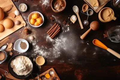 Baking Ingredients Arranged On A Dark Wooden Table