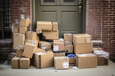 Large Pile Of Cardboard Delivery Boxes At Doorstep