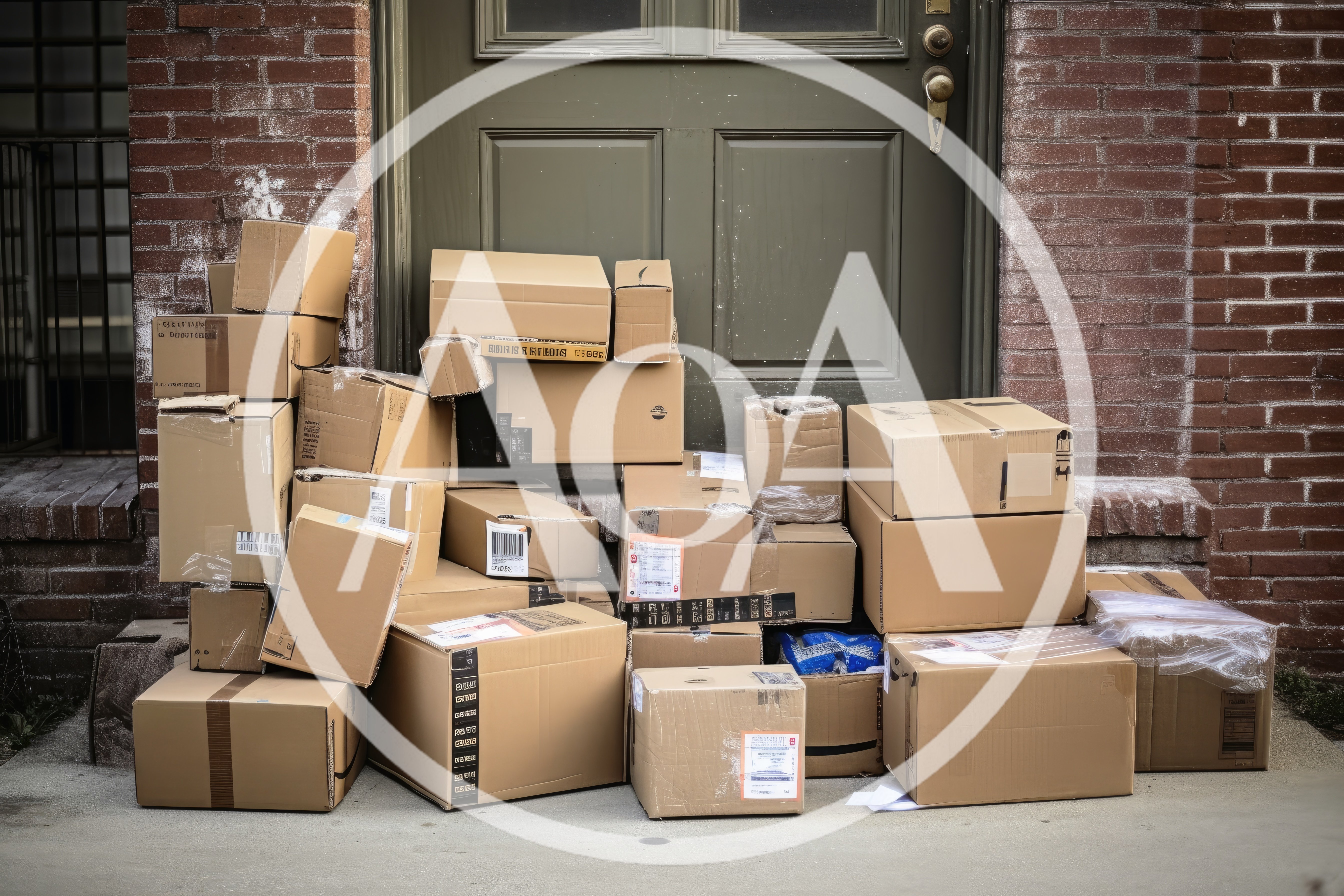 Large Pile Of Cardboard Delivery Boxes At Doorstep